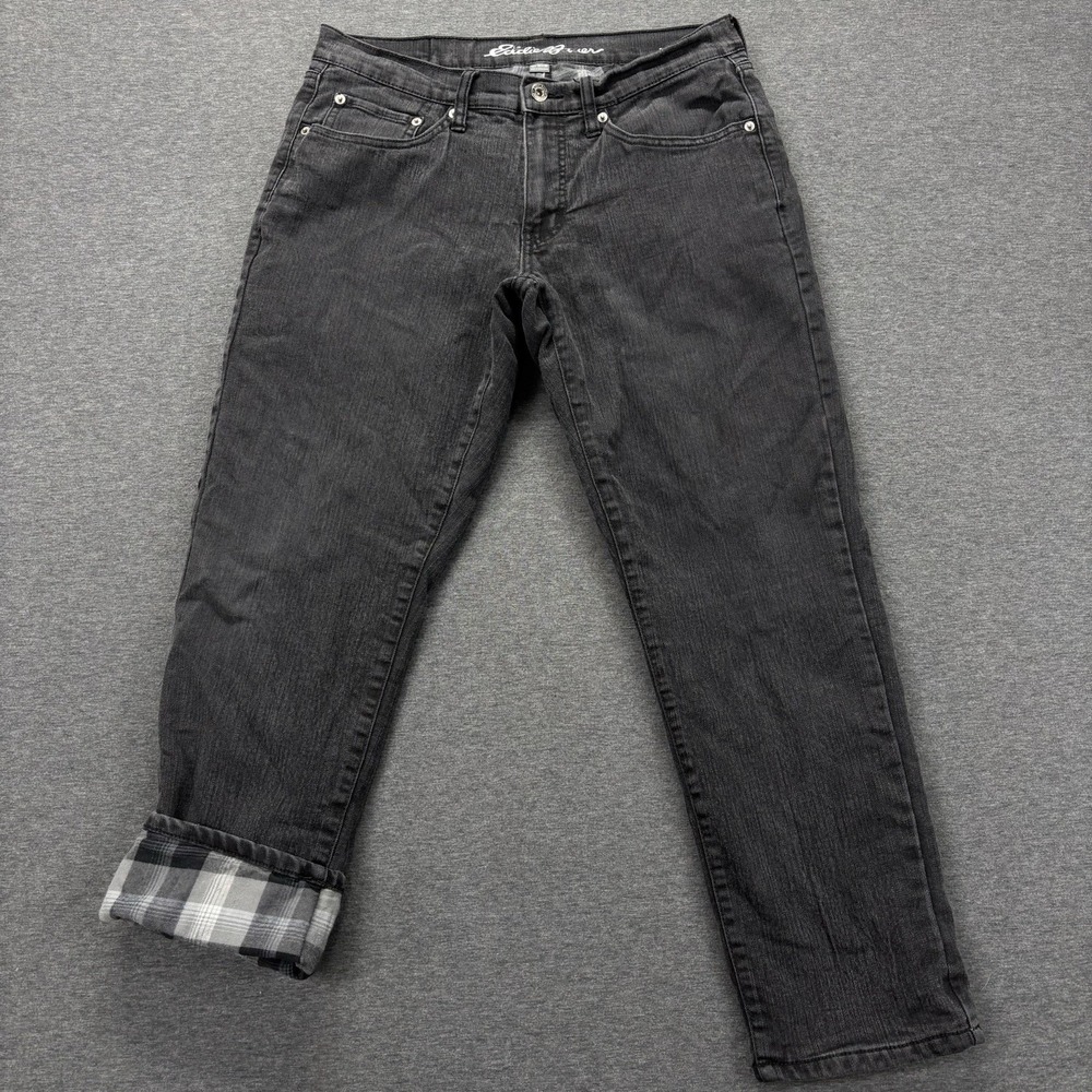 Eddie Bauer Flannel Lined Jeans Mens 32x28 Black Straight Fit Outdoor Workwear